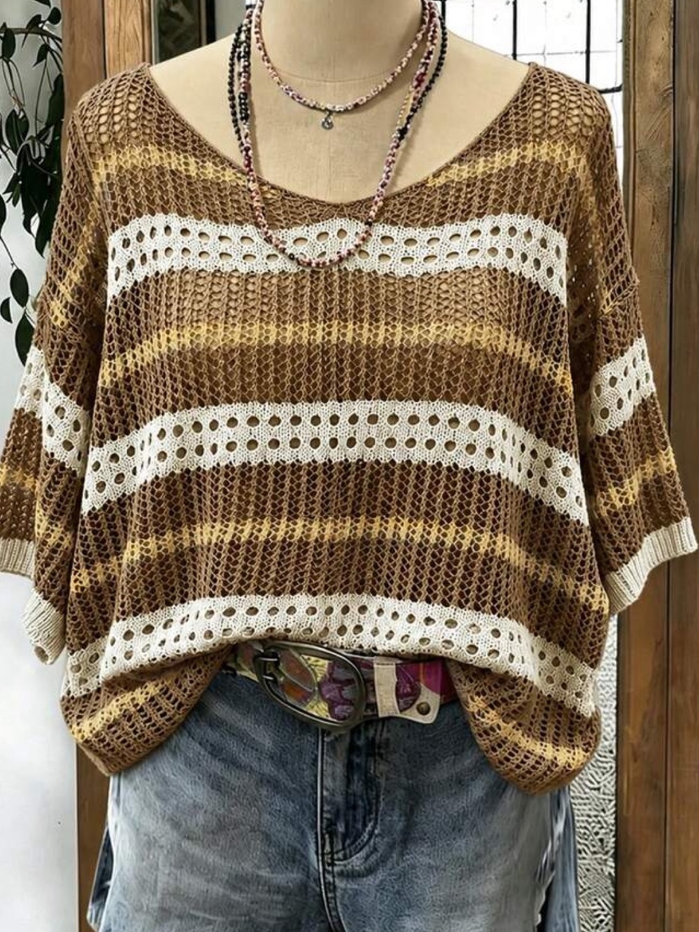 Plus-Size Brown & White Striped Crochet Knit Sweater